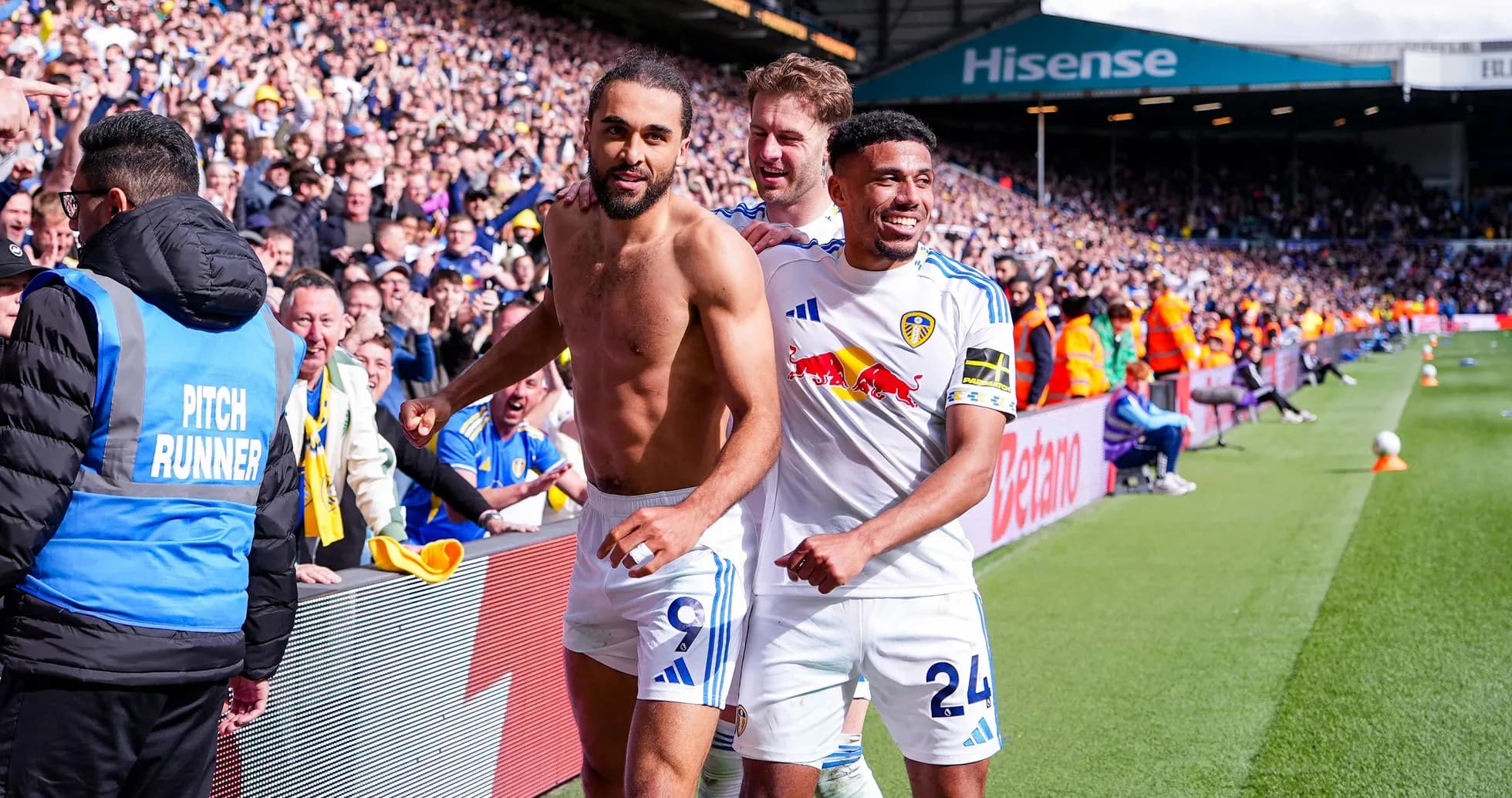 Leeds players celebrating after scoring a goal