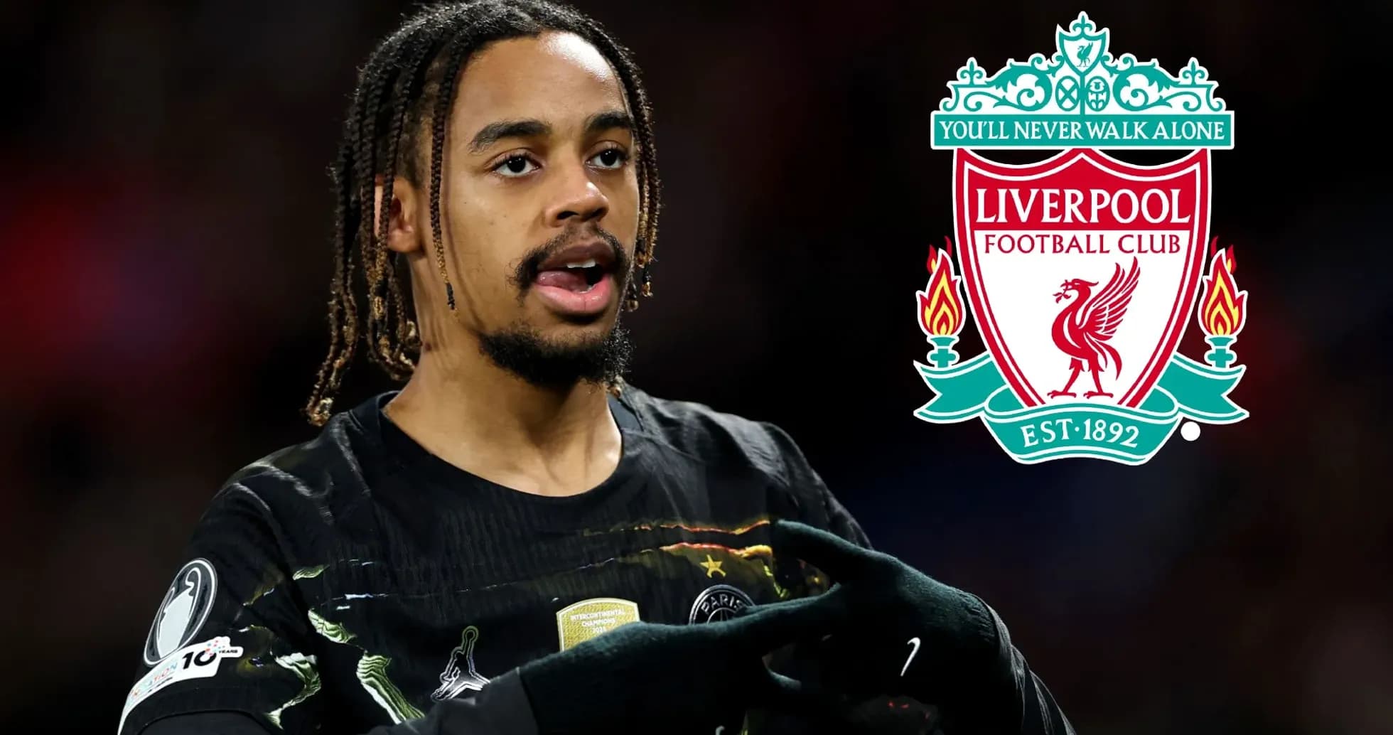 Player gesturing during match with Liverpool logo overlay