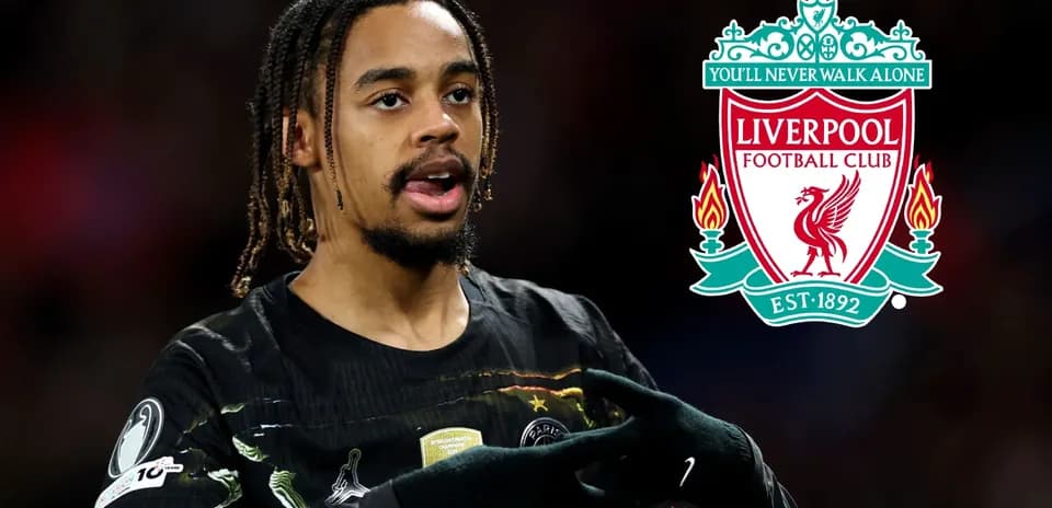 Player gesturing during match with Liverpool logo overlay
