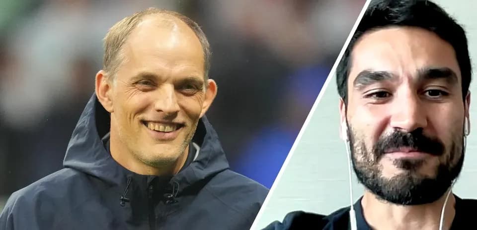 Thomas Tuchel and Ilkay Gundogan smiling during interview