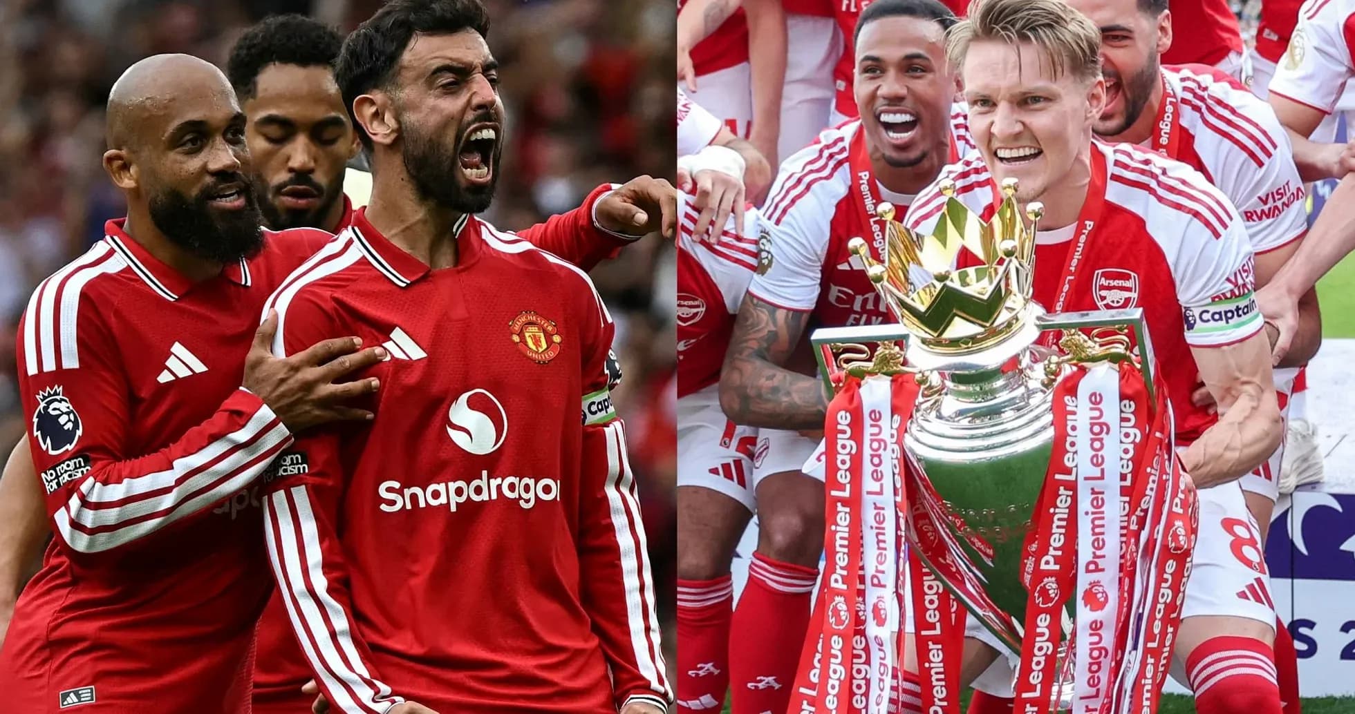 Manchester United players celebrating alongside Arsenal's trophy ceremony