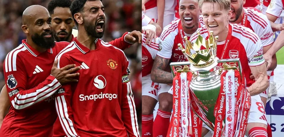 Manchester United players celebrating alongside Arsenal's trophy ceremony