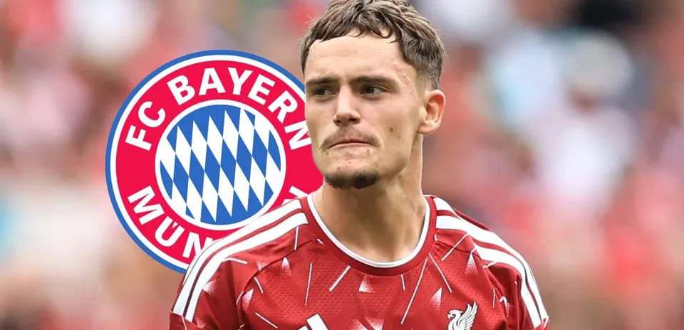 Player in Liverpool jersey with Bayern Munich logo background