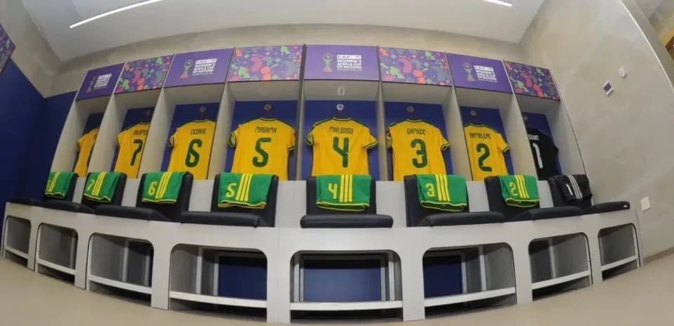Changing room with jerseys for players displayed
