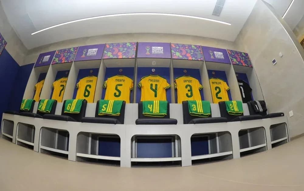 Changing room with jerseys for players displayed