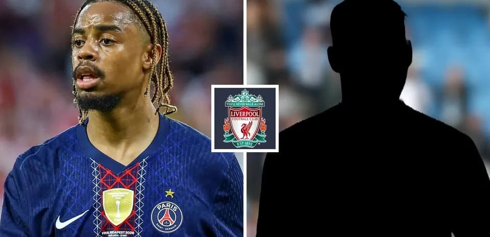 PSG player with Liverpool logo in background