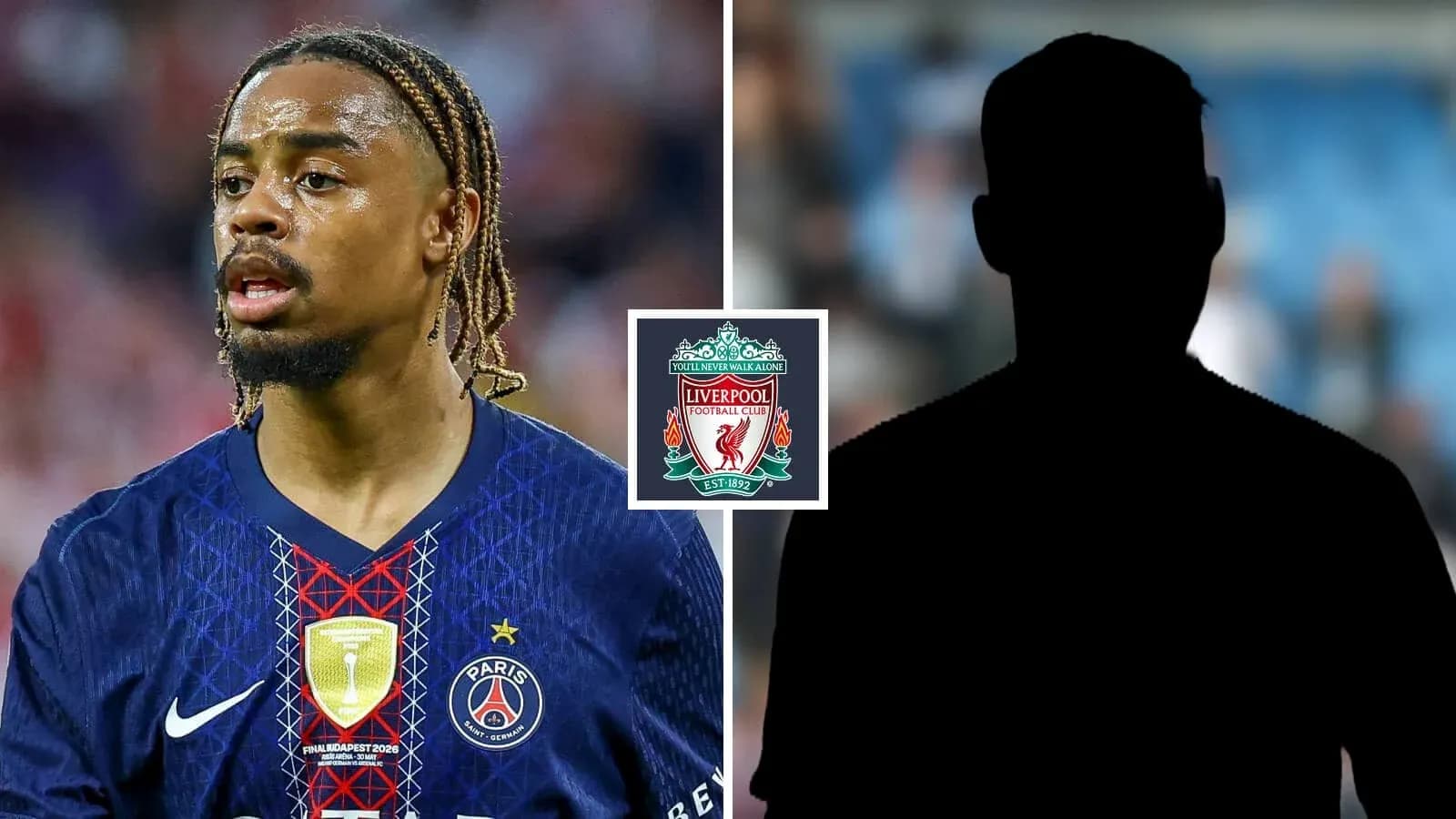 PSG player with Liverpool logo in background