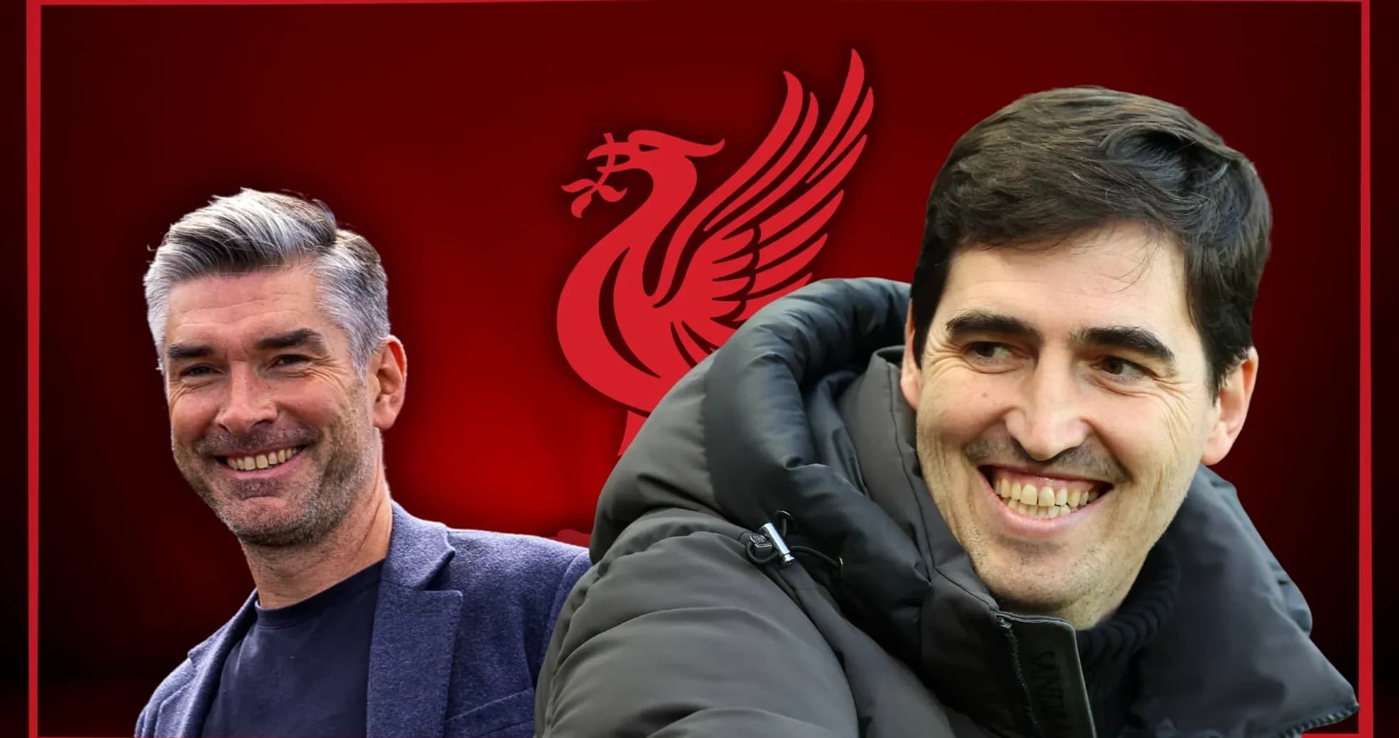 Two football managers smiling with Liverpool logo background