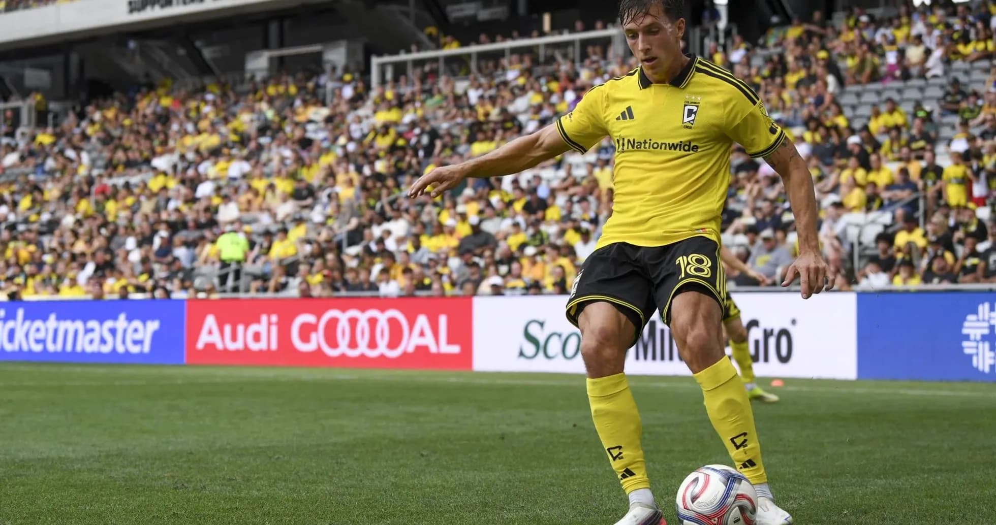 Columbus Crew player preparing for a corner kick
