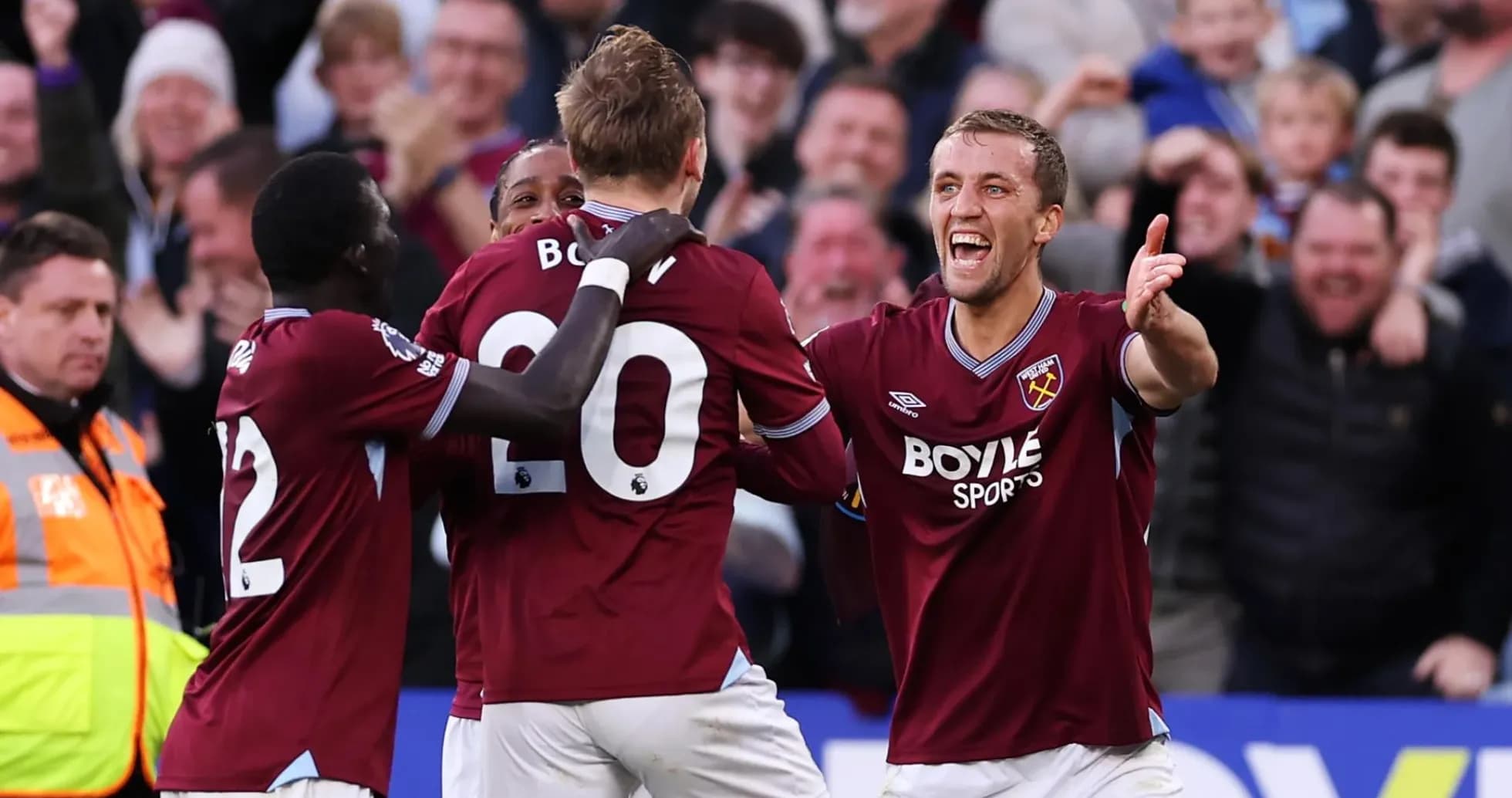 West Ham players celebrating a goal together
