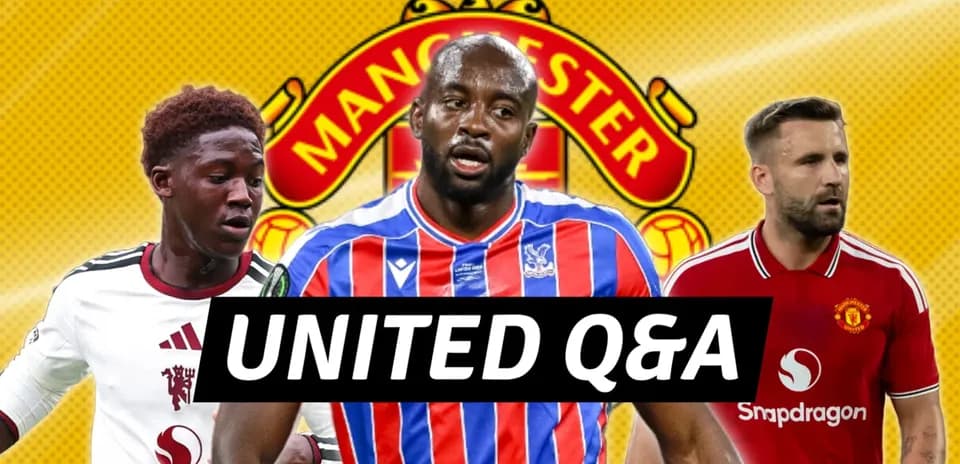 Three football players with Manchester United logo background