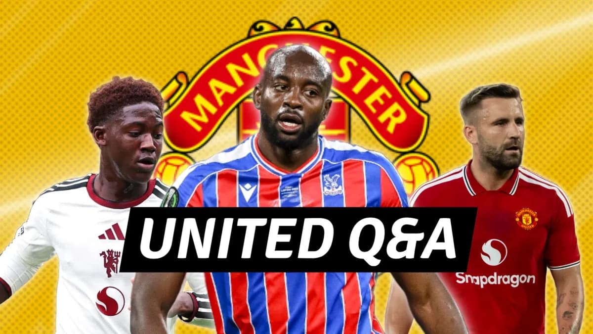 Three football players with Manchester United logo background
