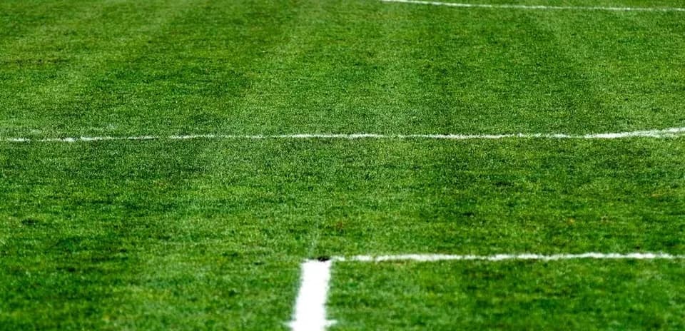 Close-up of a green soccer field with lines