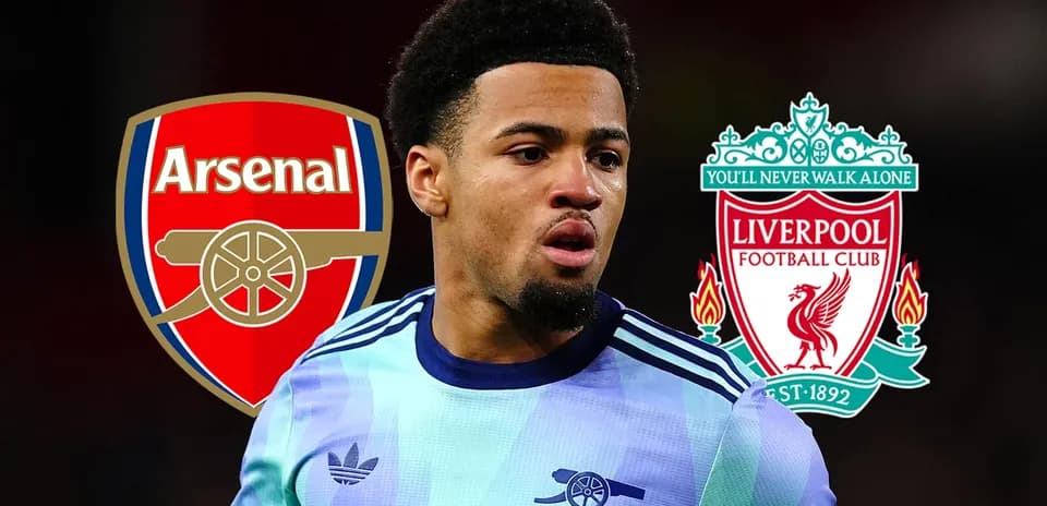 Player with Arsenal and Liverpool logos in background