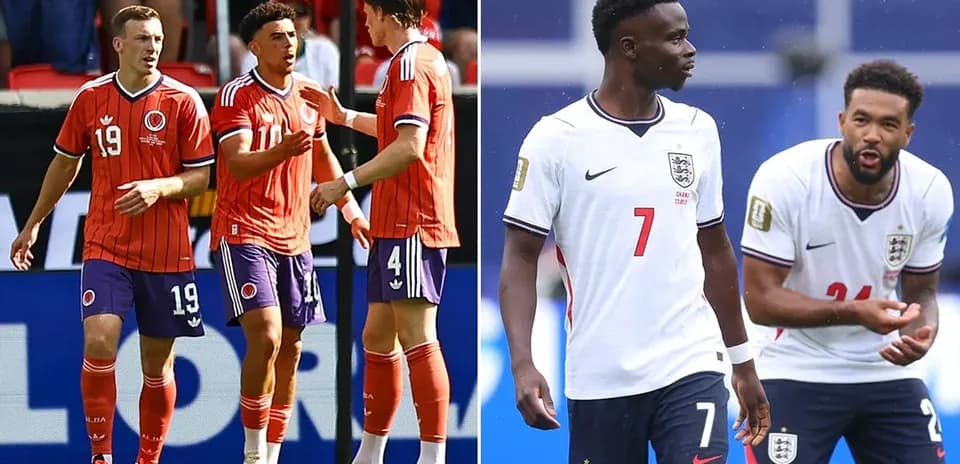 Colombian and English players interacting during match