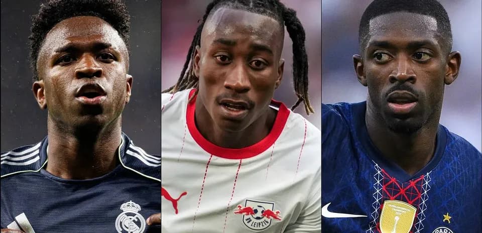 Three football players in their team jerseys
