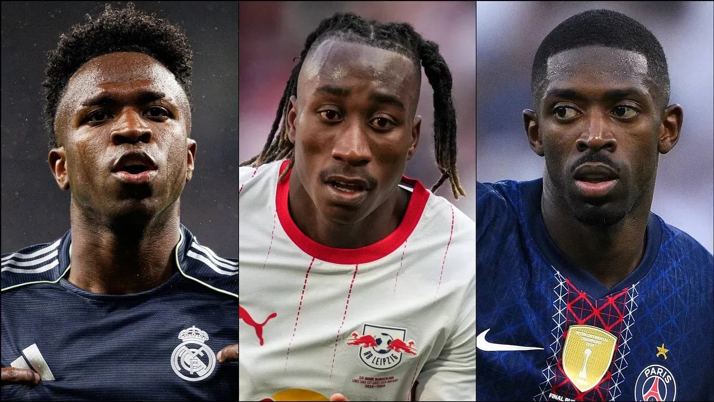 Three football players in their team jerseys