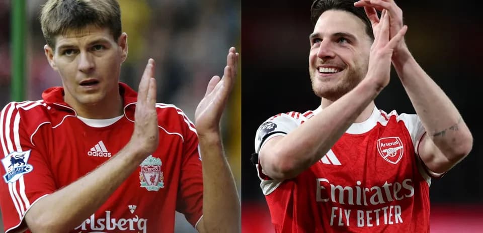 Two football players applauding fans, one in Liverpool kit, one in Arsenal kit