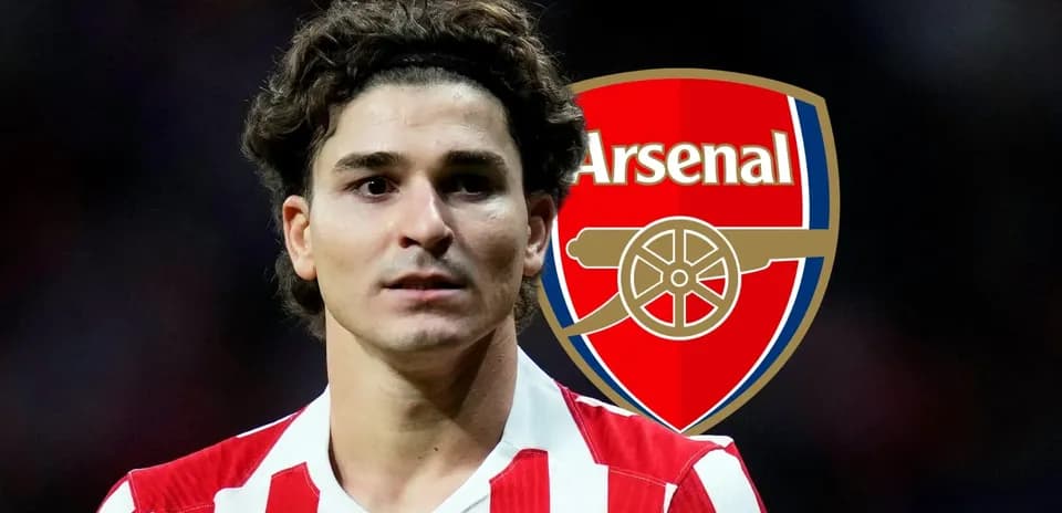 Player in striped jersey with Arsenal logo background
