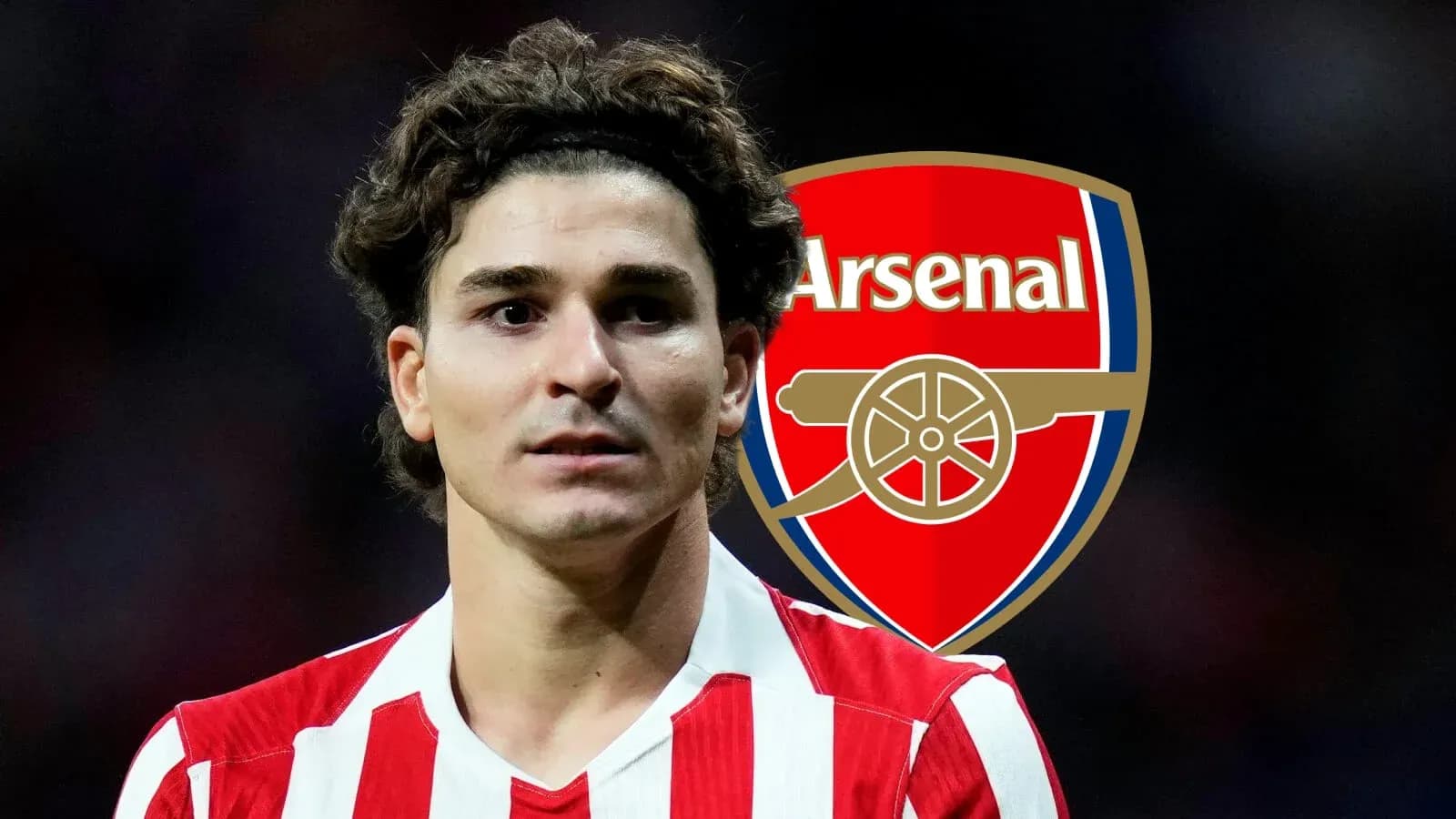 Player in striped jersey with Arsenal logo background