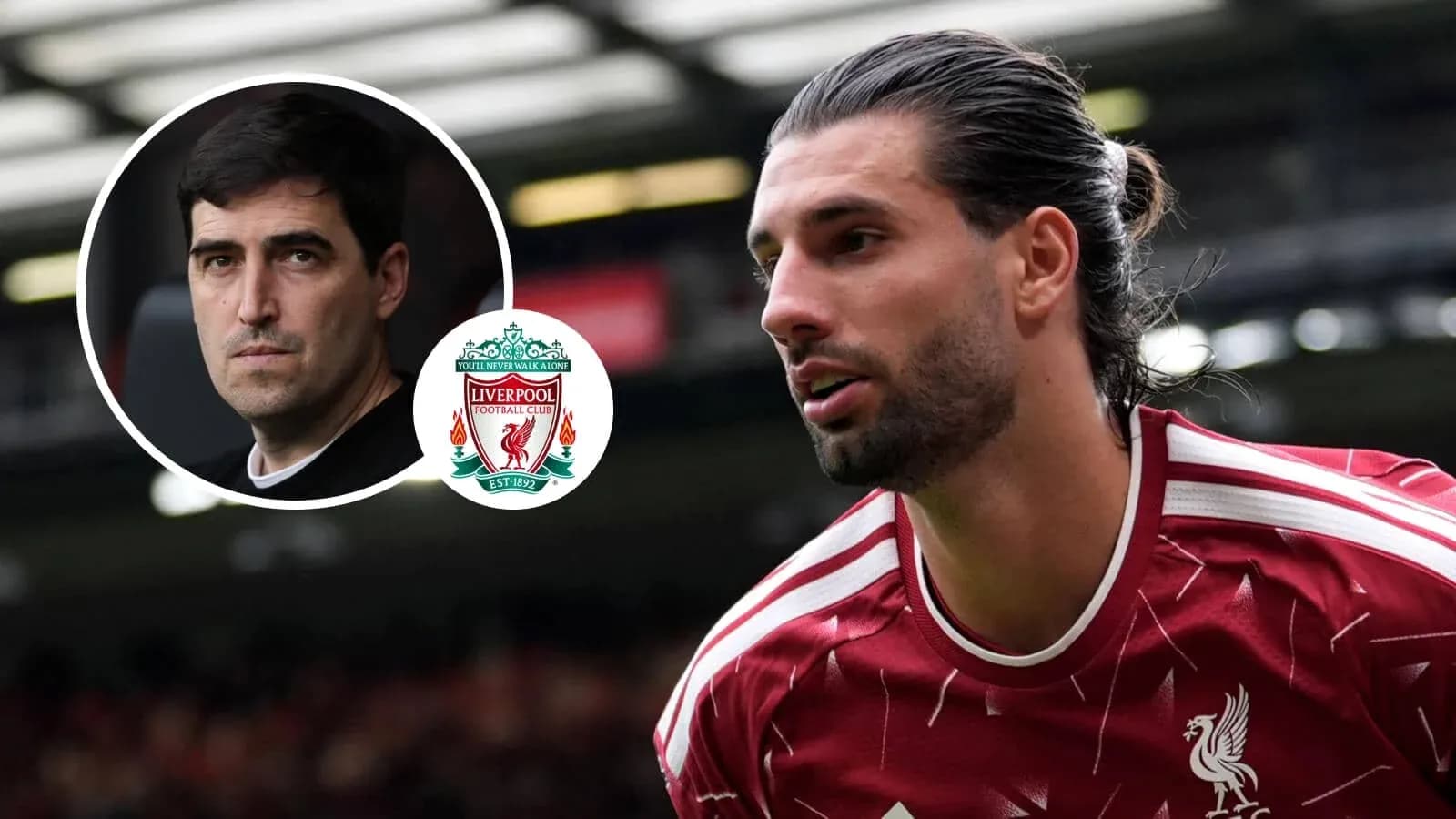 Liverpool player in action with coach and logo