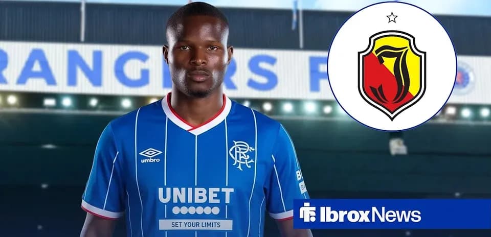 Player in Rangers kit with club logo background