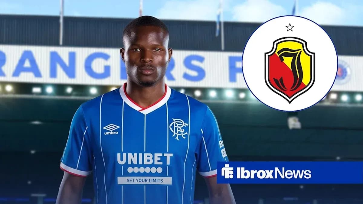 Player in Rangers kit with club logo background