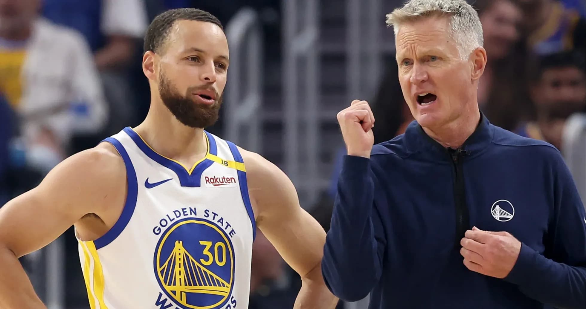 Stephen Curry and coach discussing during game