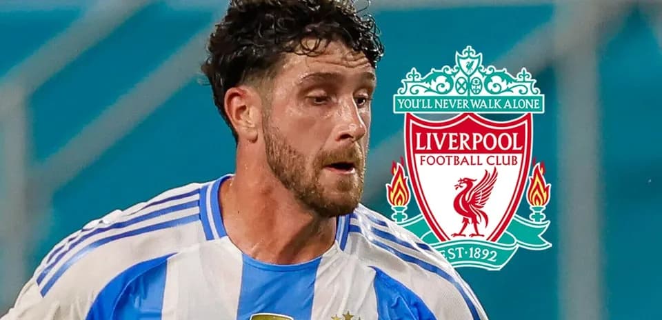 Player in Argentina kit with Liverpool logo background