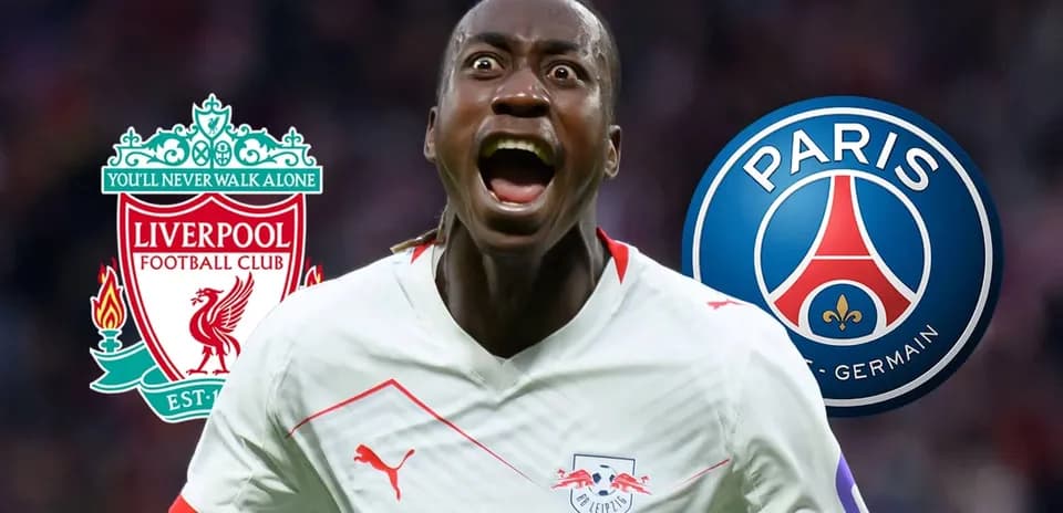 Player celebrating with Liverpool and PSG logos behind