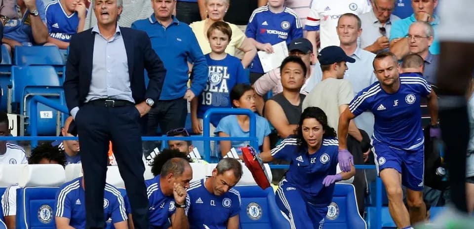 Chelsea manager and staff during match on sidelines