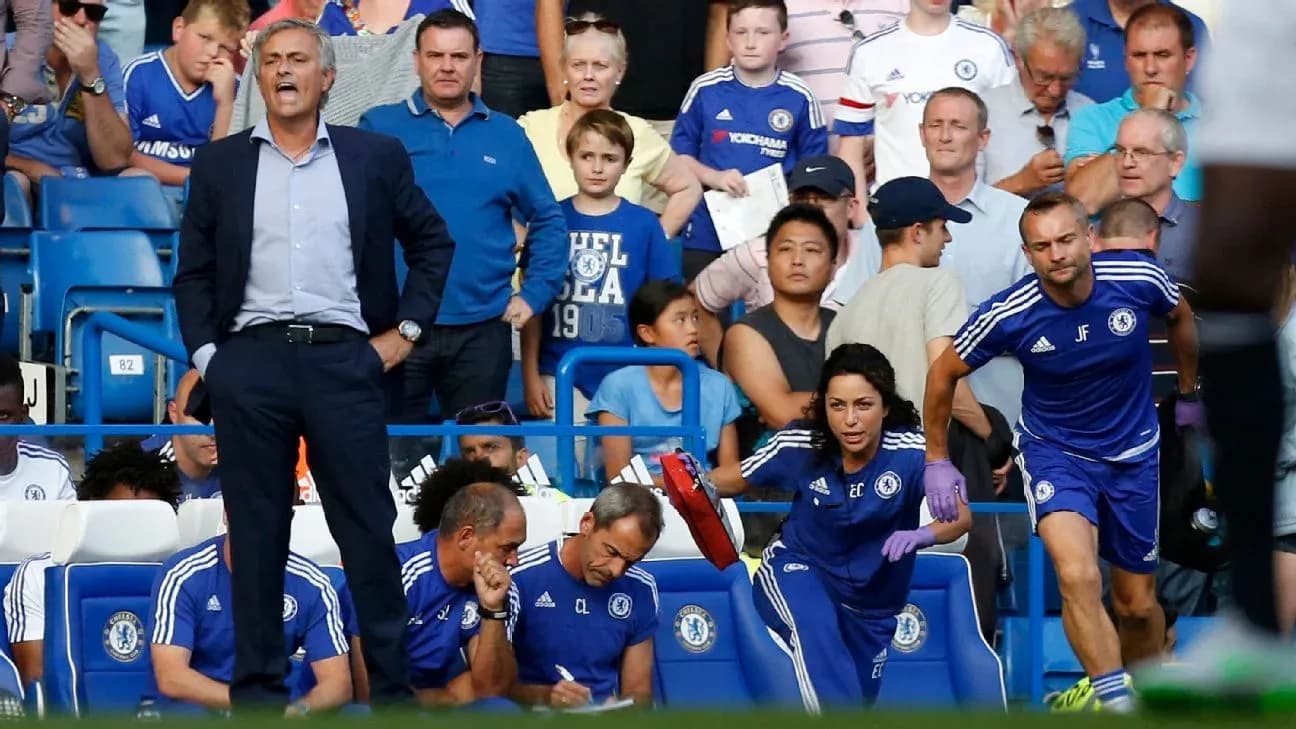 Chelsea manager and staff during match on sidelines