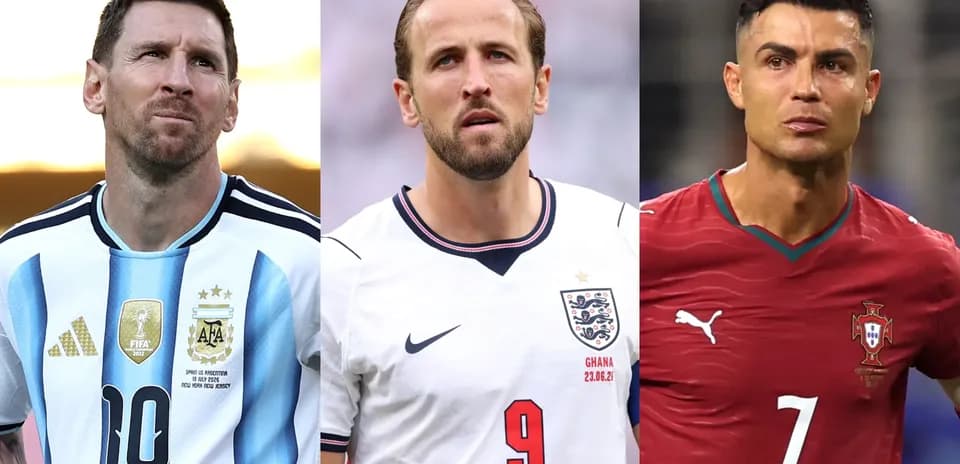 Messi, Kane, and Ronaldo in their national jerseys
