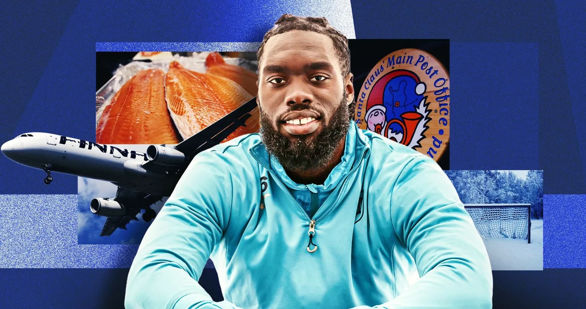 Athlete posing with various background elements