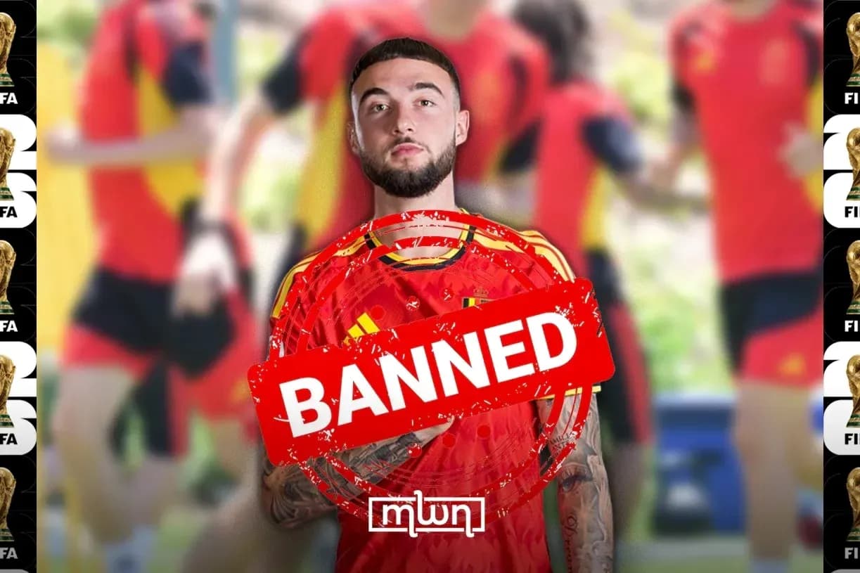 Player in Spain jersey with 'BANNED' overlay