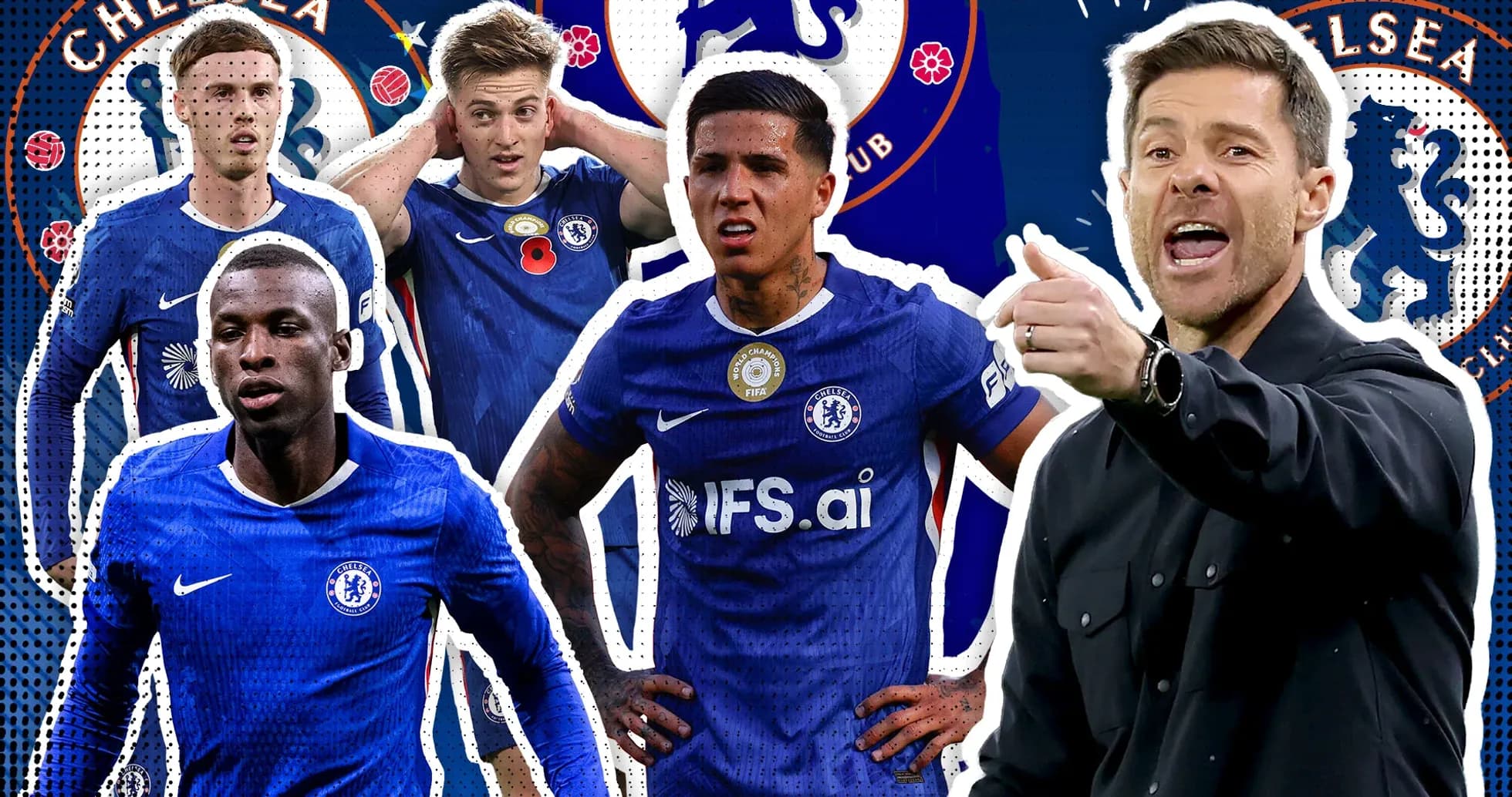 Chelsea players and coach in action with club logo