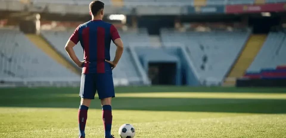 Player in Barcelona kit standing near soccer ball