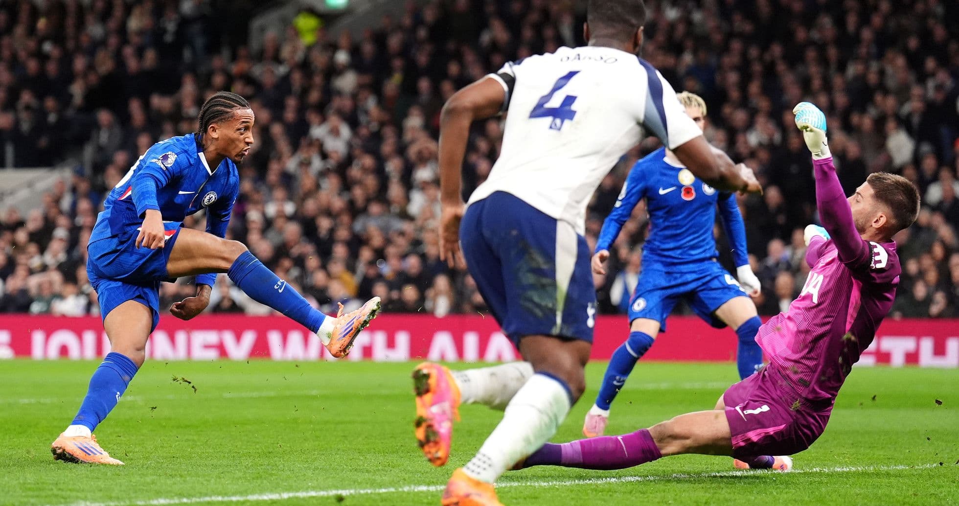 Chelsea player shooting at Tottenham goal
