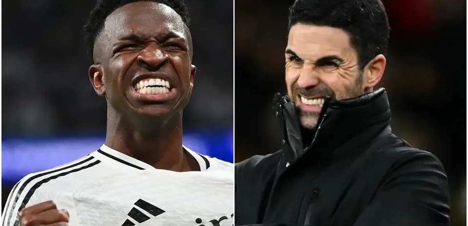 Vinicius Jr celebrating, Mikel Arteta reacting on sidelines