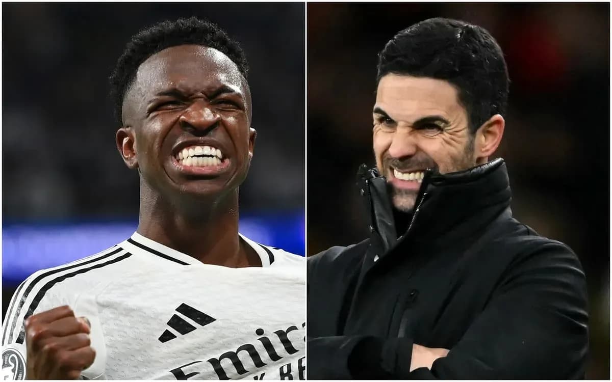 Vinicius Jr celebrating, Mikel Arteta reacting on sidelines