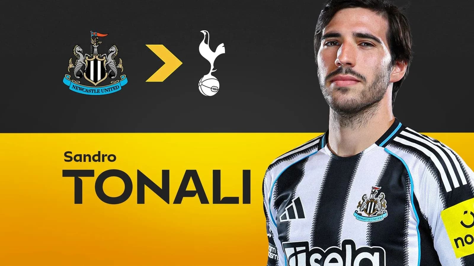 Sandro Tonali in Newcastle United jersey with logos