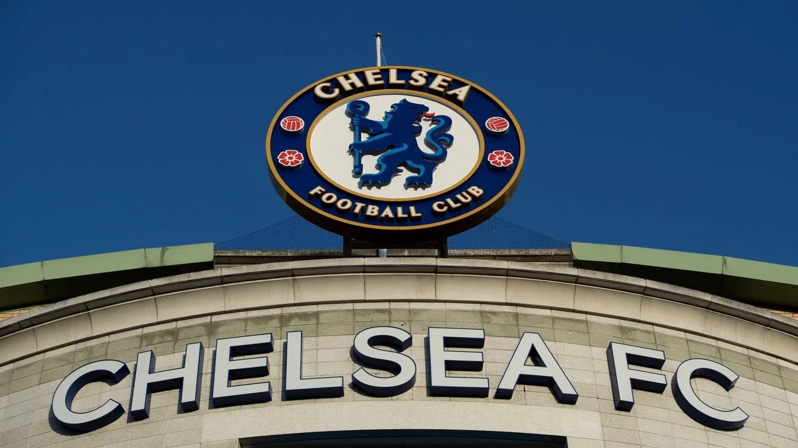Chelsea FC sign with club logo on stadium