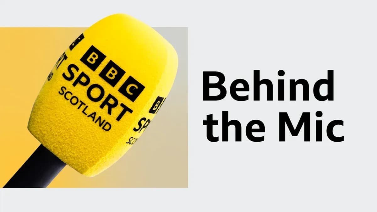 Yellow BBC Sport microphone on grey background