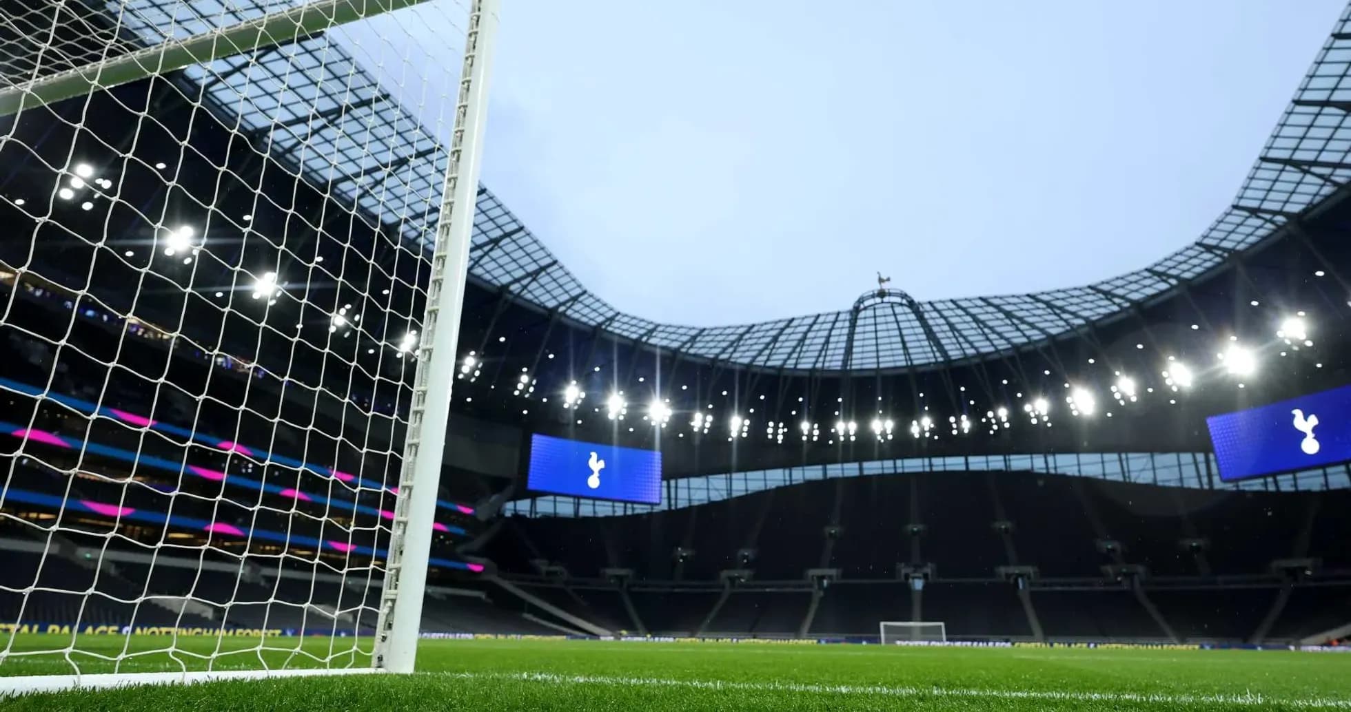 View of goalpost and Tottenham Hotspur Stadium interior