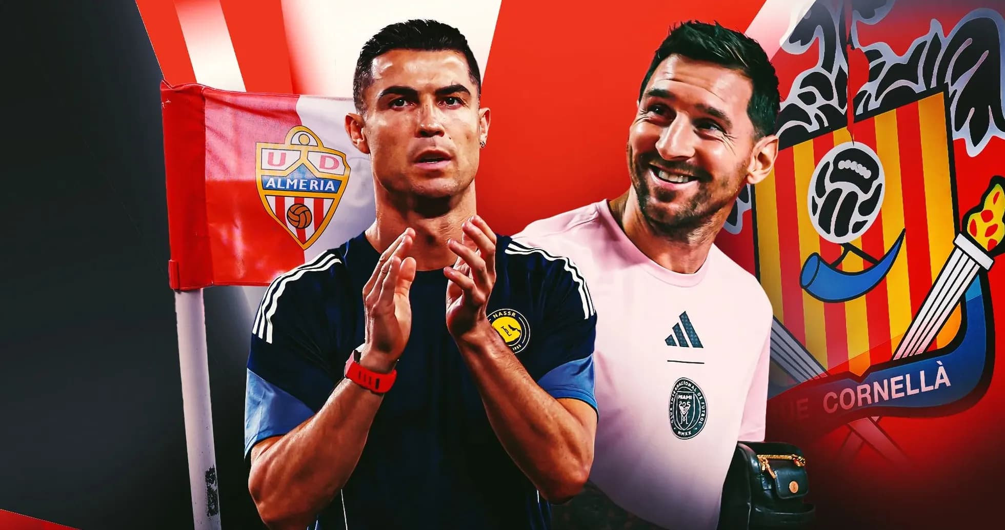 Cristiano Ronaldo and goalkeeper near club logos