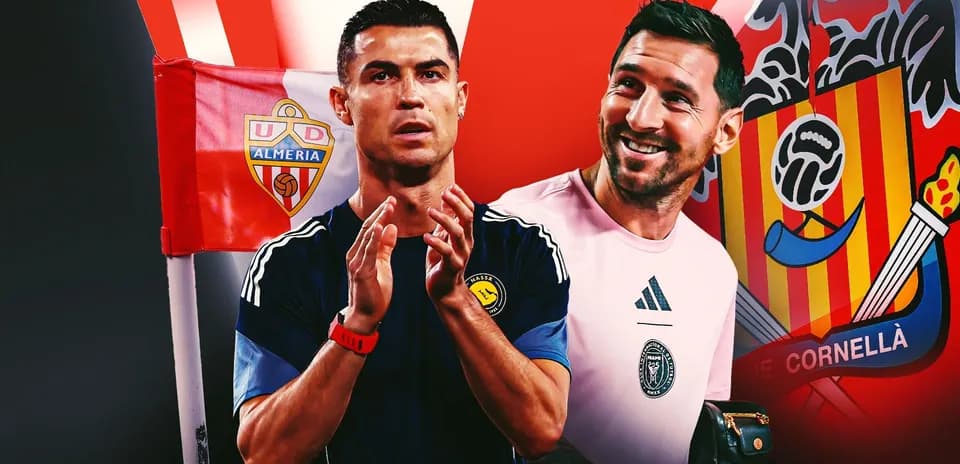 Cristiano Ronaldo and goalkeeper near club logos