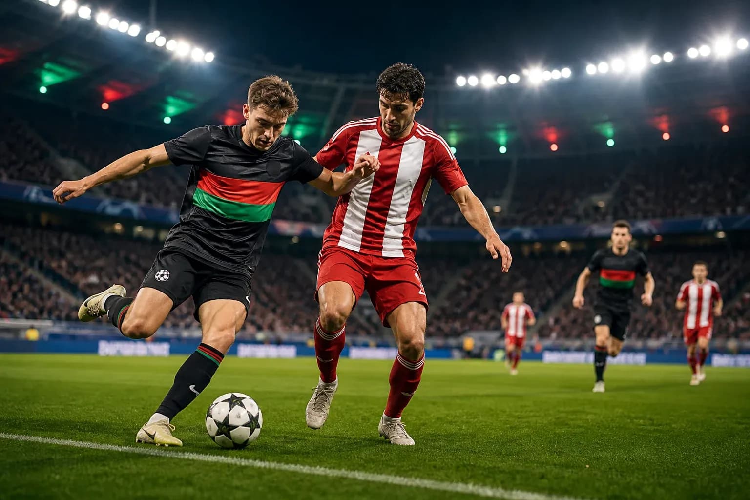 NEC Nijmegen player challenges Olympiakos Piraeus opponent