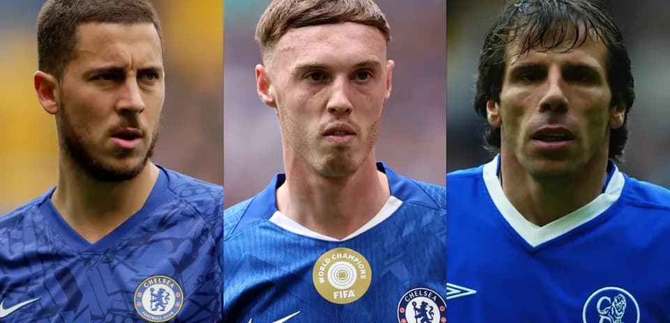Three Chelsea players in blue kits, serious expressions