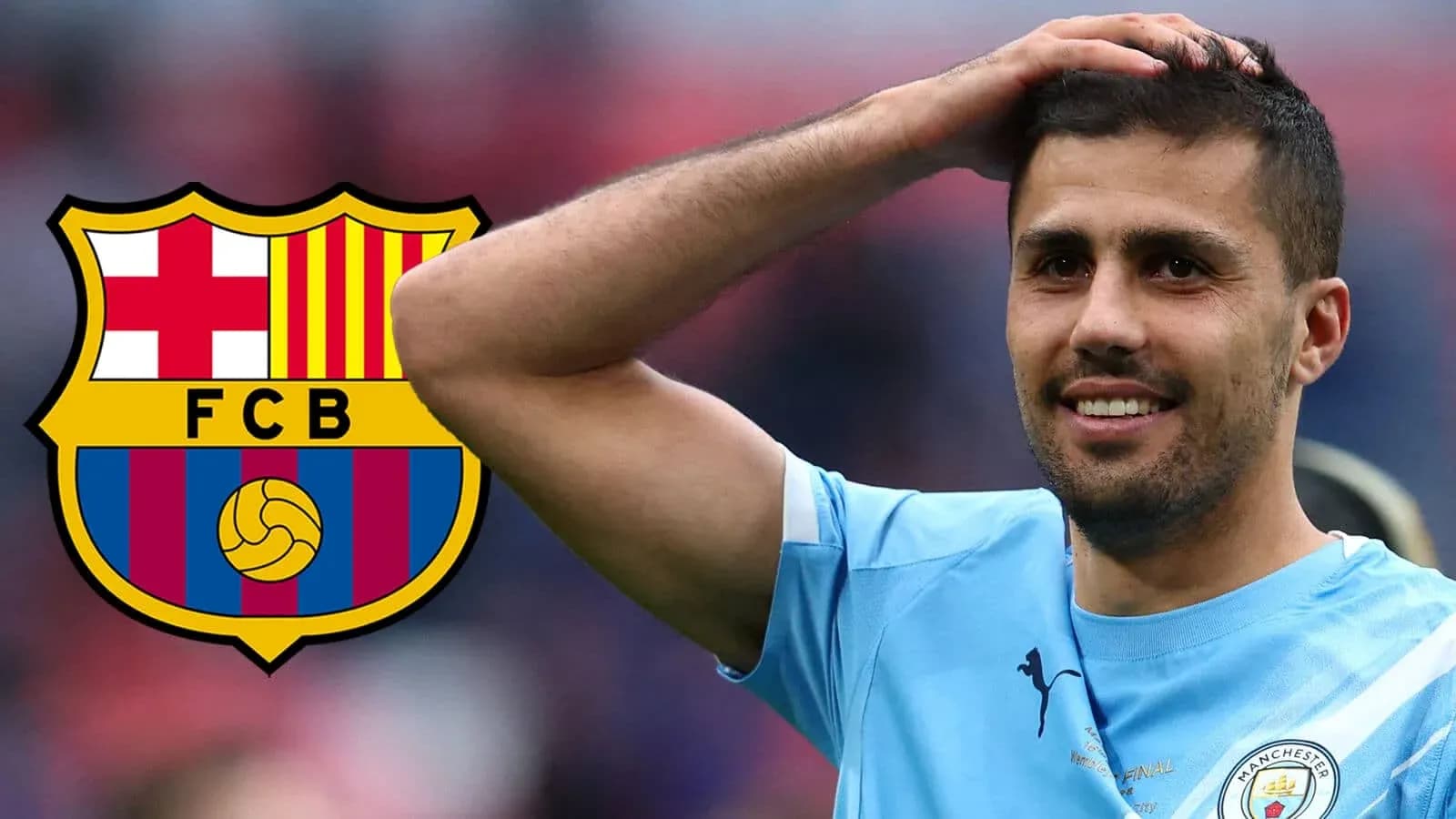 Player smiling with Manchester City jersey and Barcelona logo