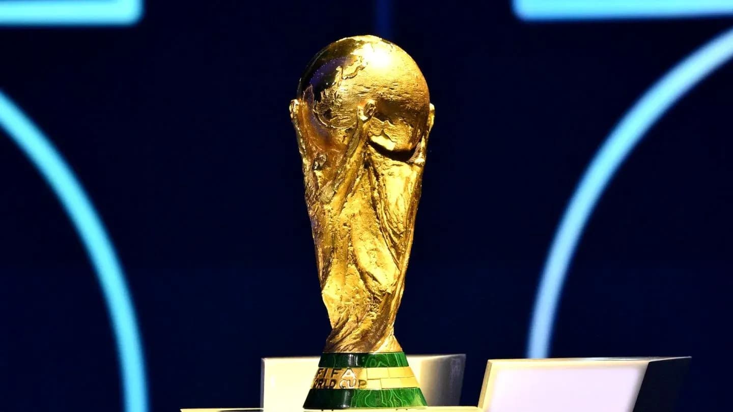 FIFA World Cup trophy displayed on podium